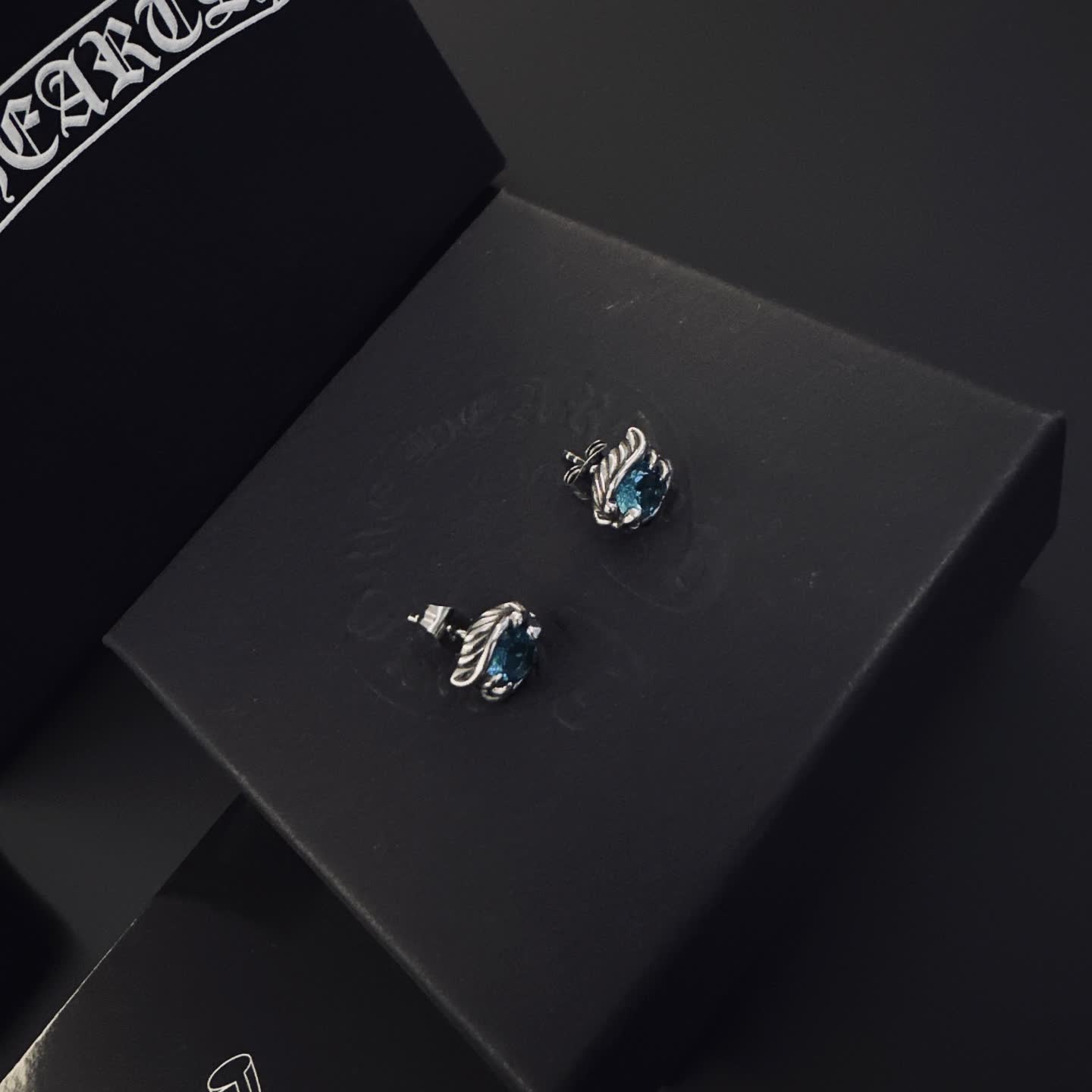 Chrome Hearts Chroma Charts Silver Blue Gemstone Stud Earrings
